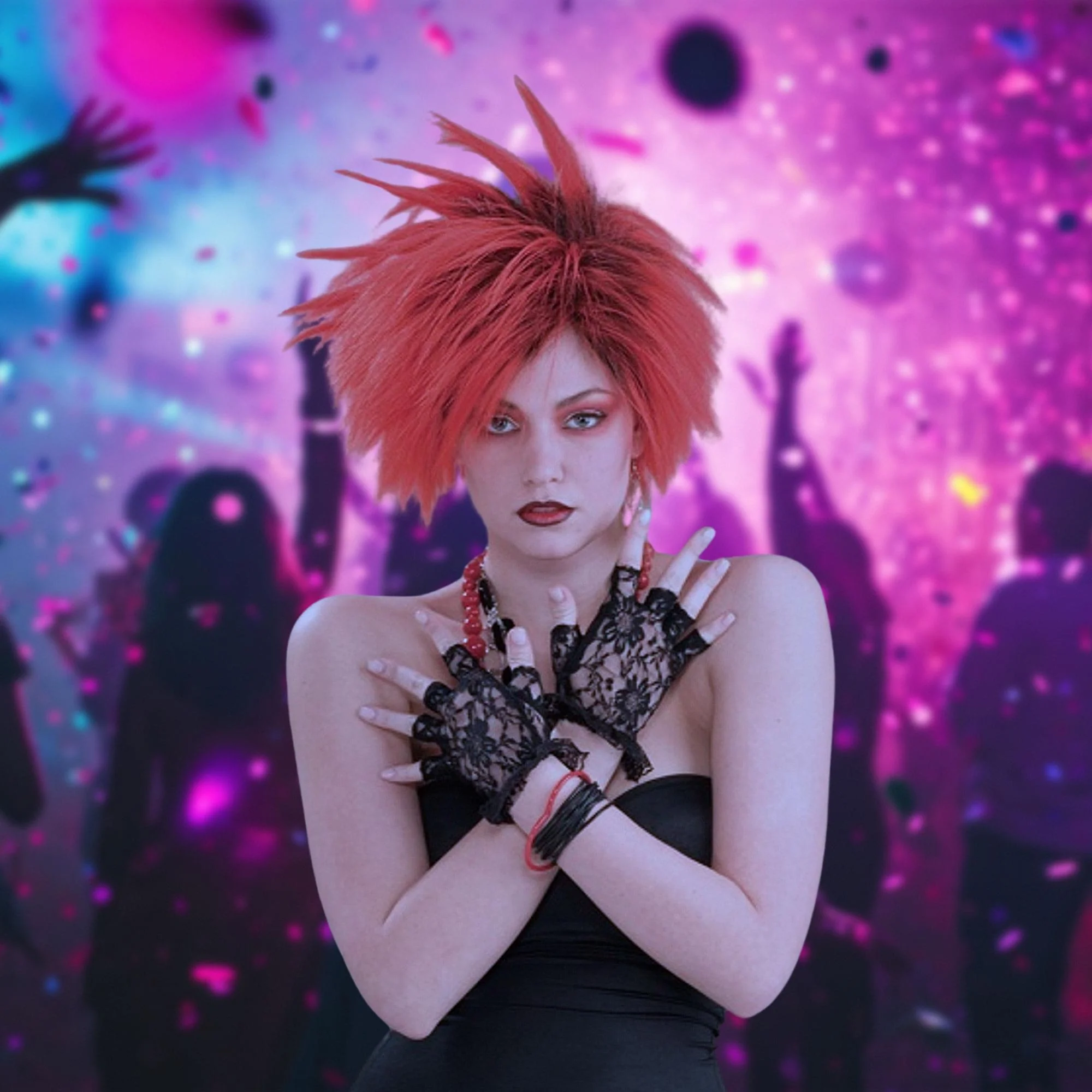 80's Punk Rock - Black Lace Fingerless Costume Gloves - Image 3