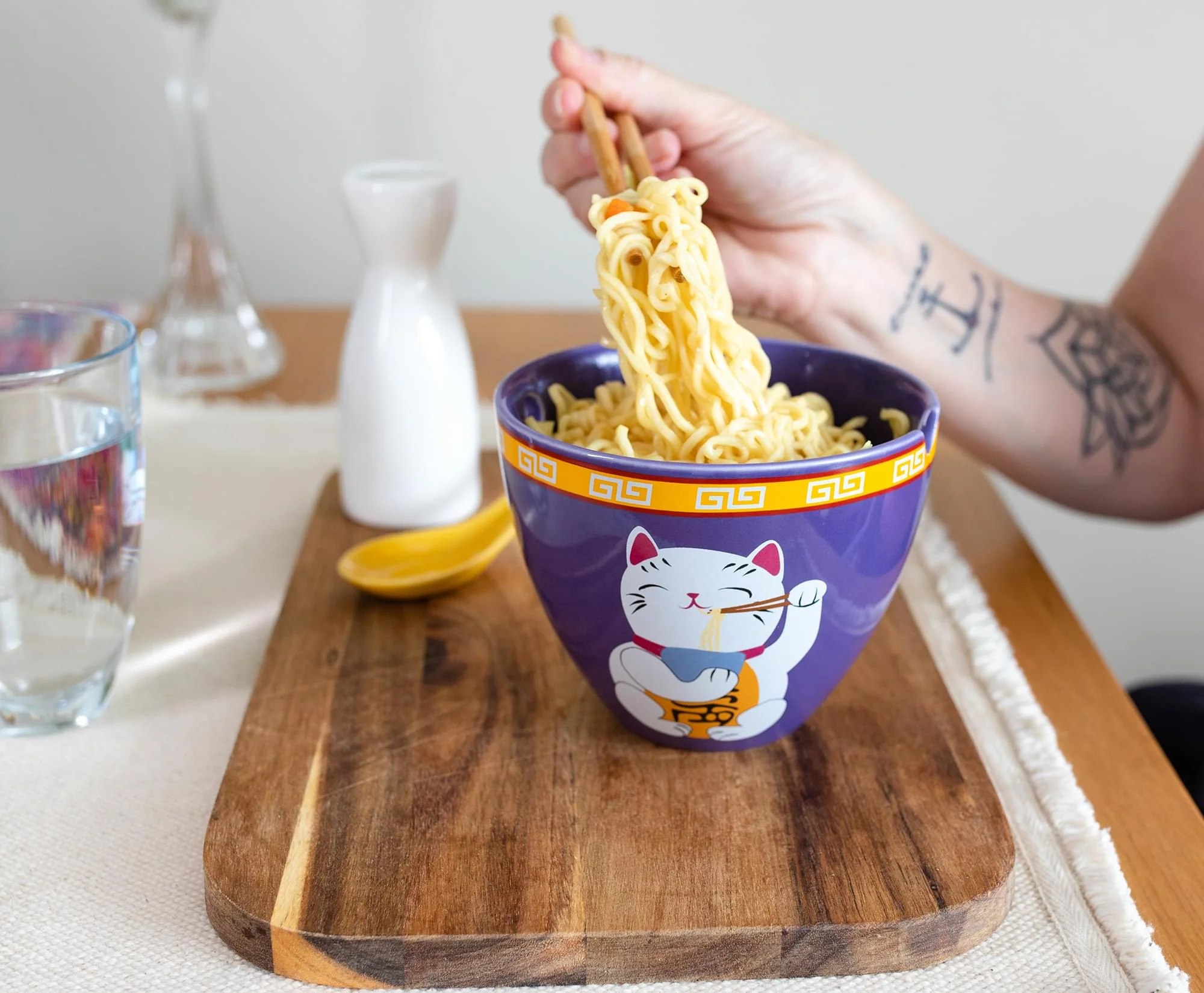Bowl Bop Purple Lucky Cat Japanese Dinner Set | 16-Ounce Ramen Bowl, Chopsticks - Image 4