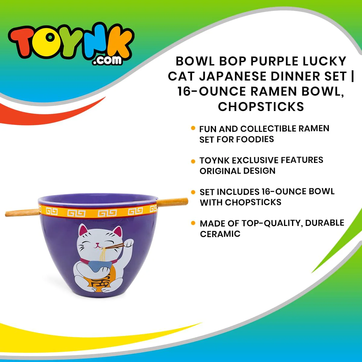 Bowl Bop Purple Lucky Cat Japanese Dinner Set | 16-Ounce Ramen Bowl, Chopsticks - Image 7