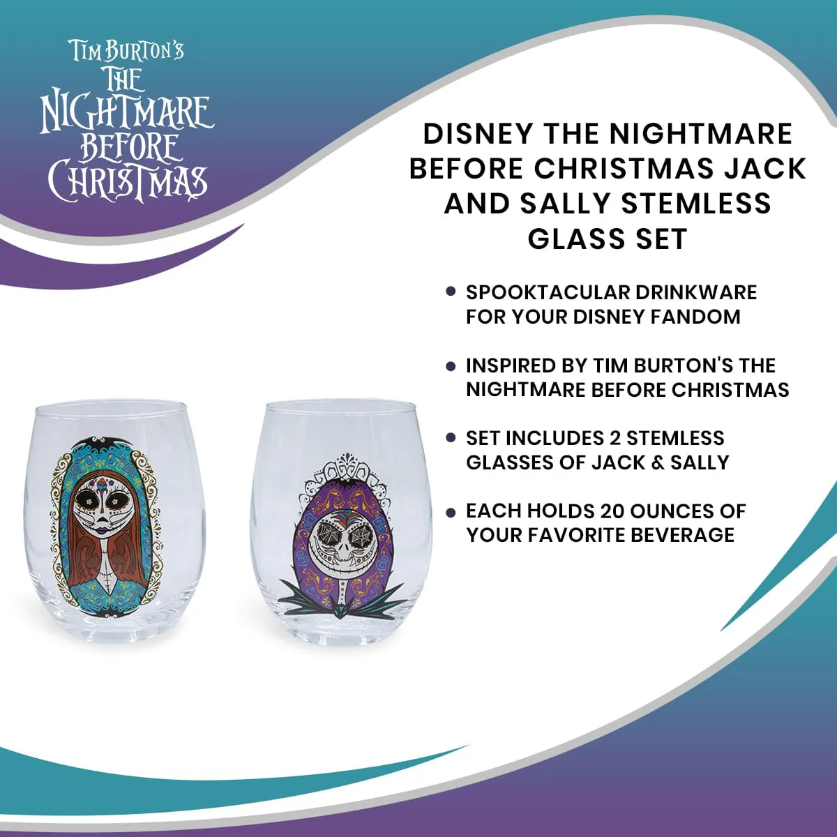 Disney The Nightmare Before Christmas Jack and Sally Stemless Glass Set - Image 7