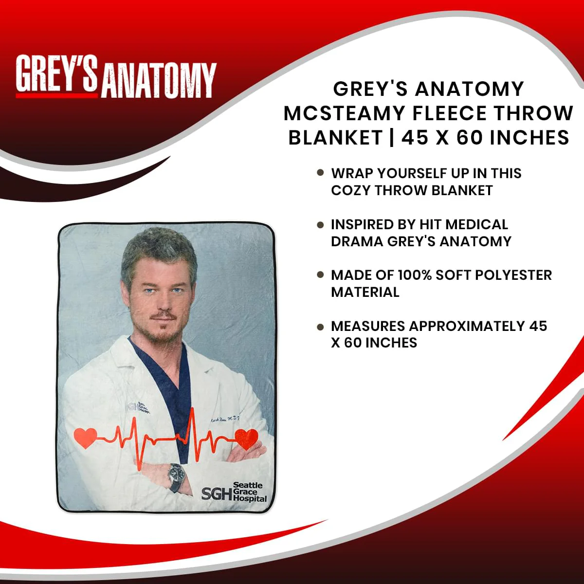 Grey's Anatomy McSteamy Fleece Throw Blanket | 45 x 60 Inches - Image 6