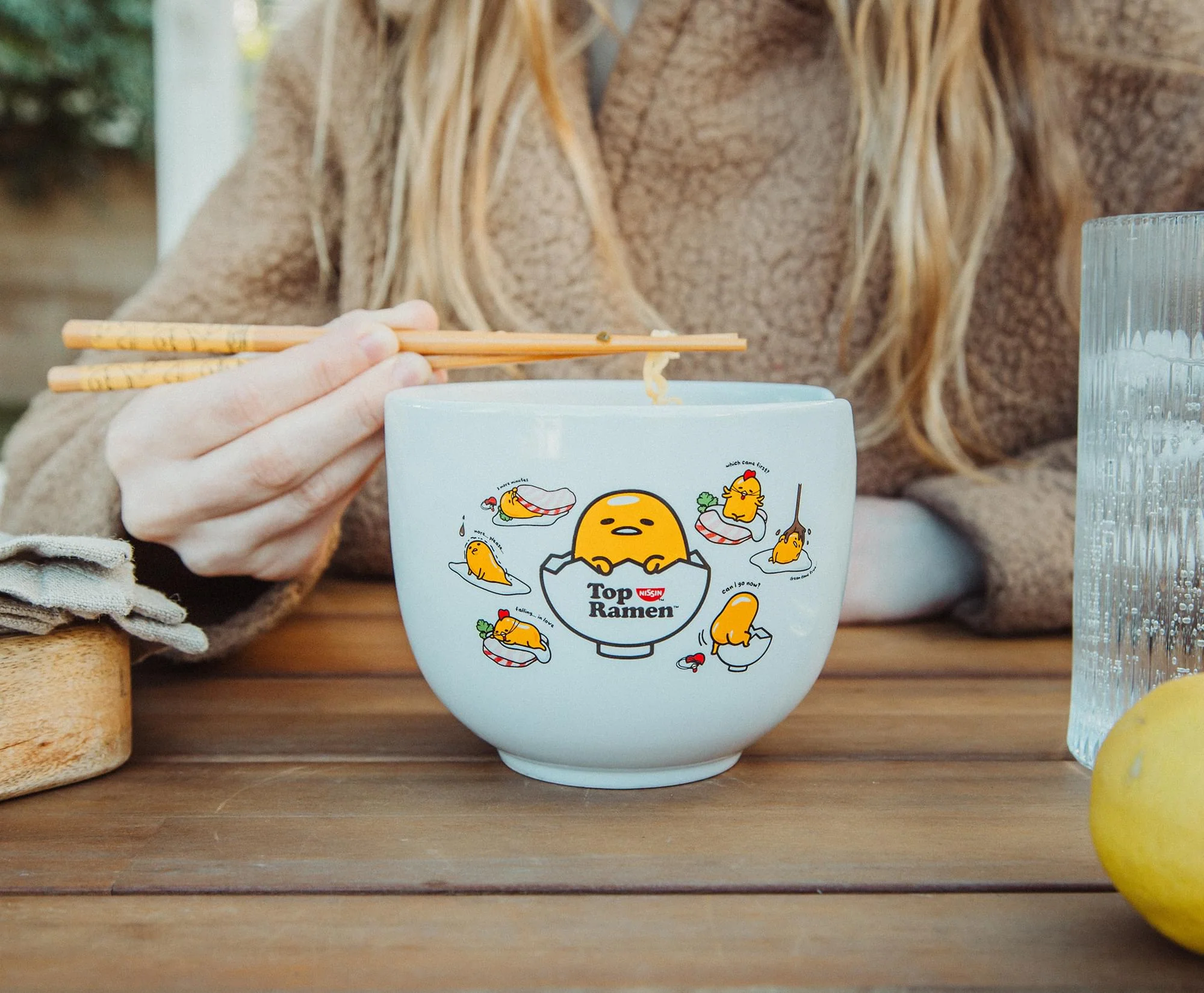 Sanrio Gudetama x Nissin Top Ramen Yolk Poses 20-Ounce Ramen Bowl With Chopsticks - Image 4