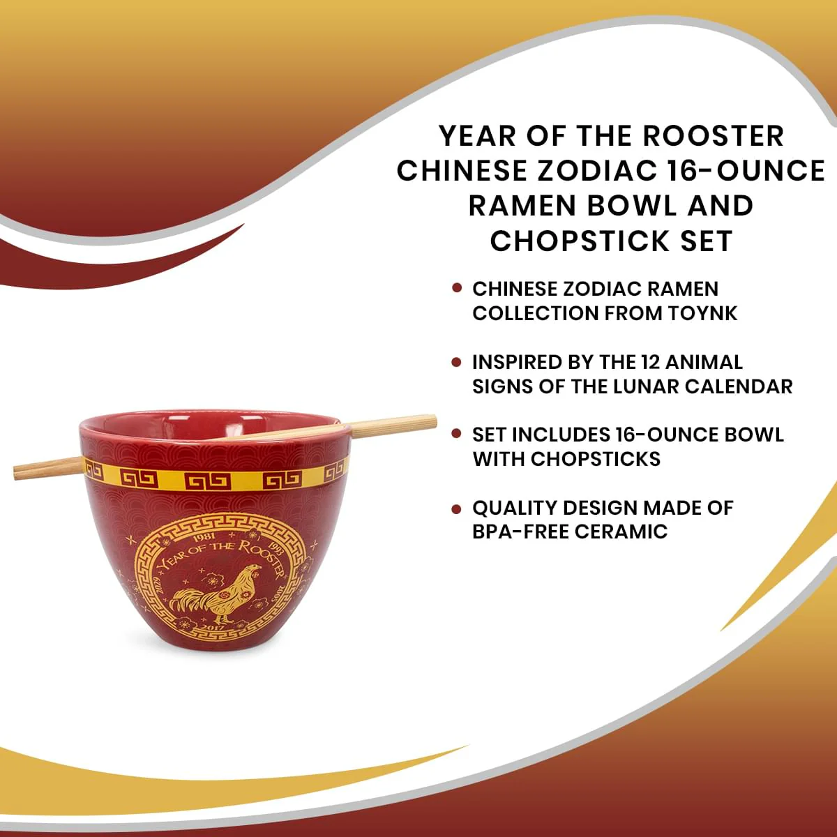 Year Of The Rooster Chinese Zodiac 16-Ounce Ramen Bowl and Chopstick Set - Image 7